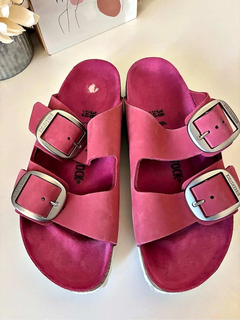 Fuschia Birkenstock Arizona Suede Silver Buckles Sandals 38